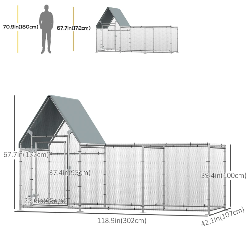 PawHut Walk In Chicken Run, Large Galvanized Chicken Coop, Hen Poultry House Cage, Rabbit Hutch Metal Enclosure with Water-Resist Cover for Outdoor Backyard Farm, 119" x 42" x 68"