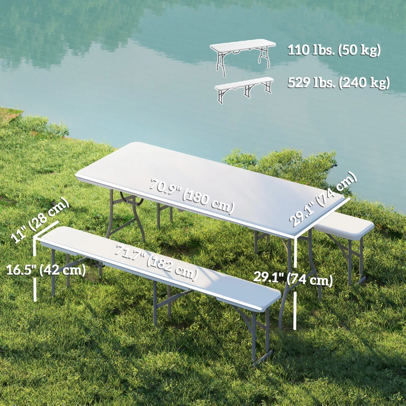 Outsunny 6FT 3-Piece Portable Outdoor Camping Table Bench Set with Carrying Handles, Folding Picnic Table with 2 Benches, White