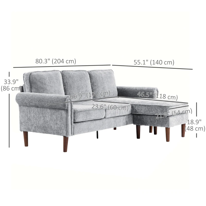 HOMCOM L Shape Sofa, Modern Sectional Couch with Changeable Chaise Lounge, Wooden Legs, Corner Sofa for Living Room, Grey