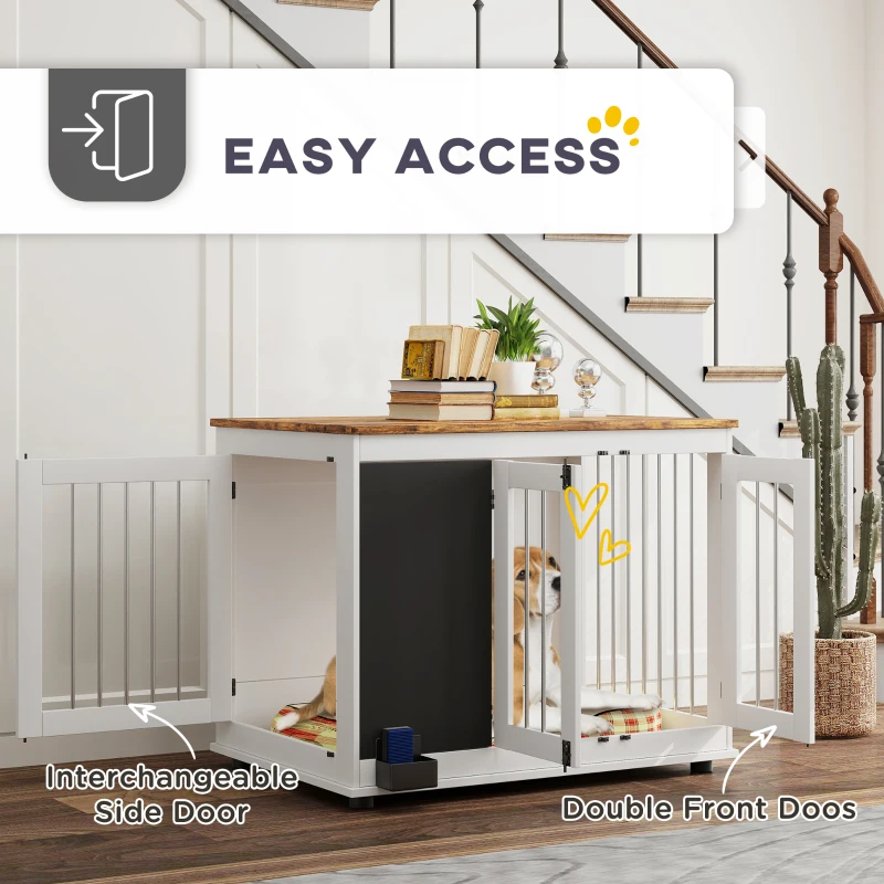 PawHut 39" Dog Crate Furniture Side Table for Large Dogs with Three Doors, Blackboard & Non-Slip Foot Pads, White