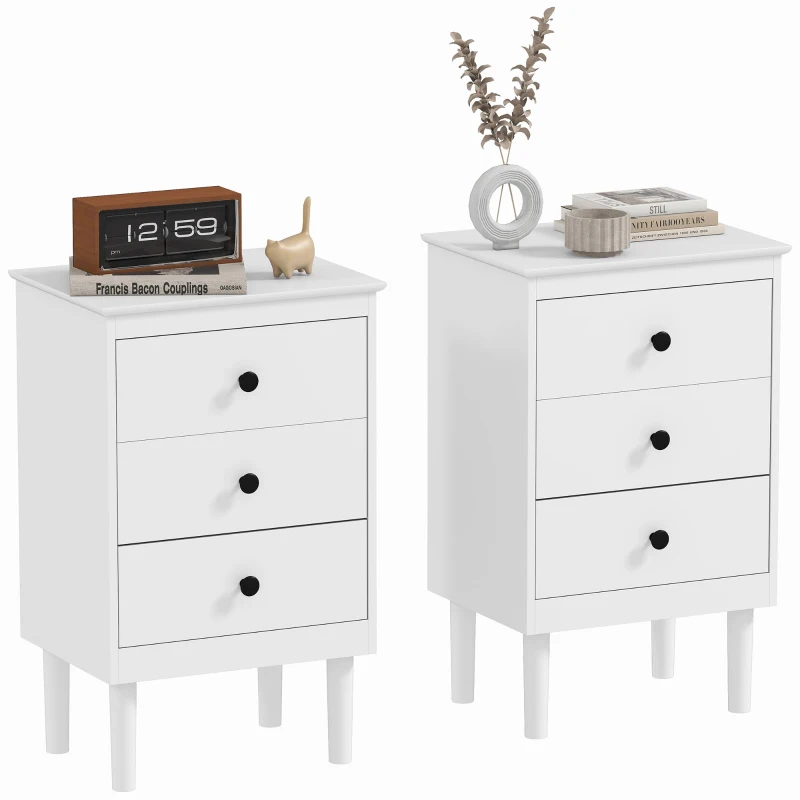 HOMCOM Set of Two Three-Drawer Modern Bedside Tables for Bedroom, White