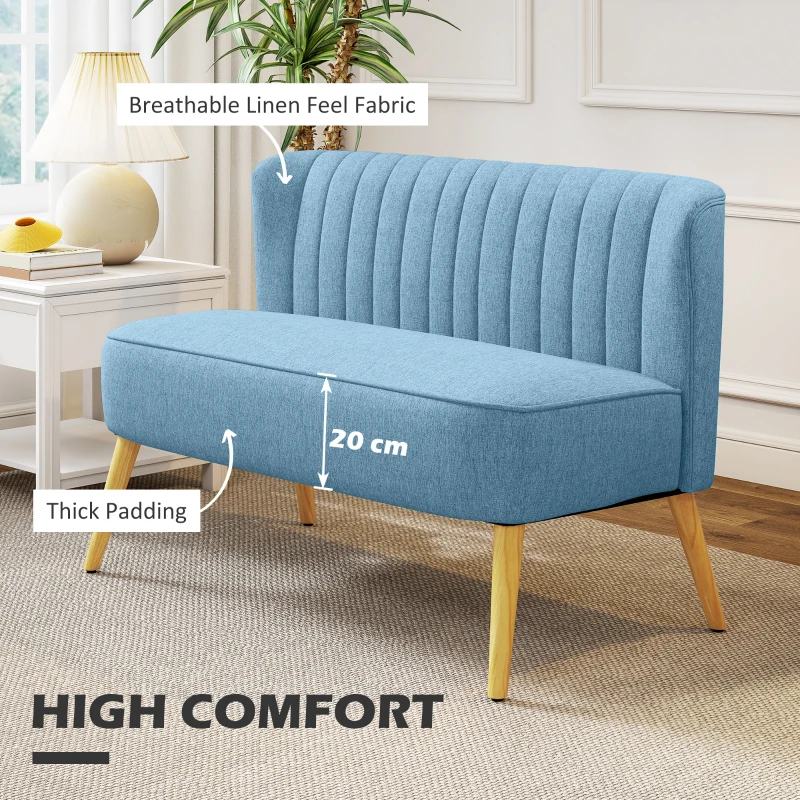 HOMCOM Modern 2 Seat Sofa for Bedroom, Upholstered Two Seater Couch with Rubber Wood Legs, Blue