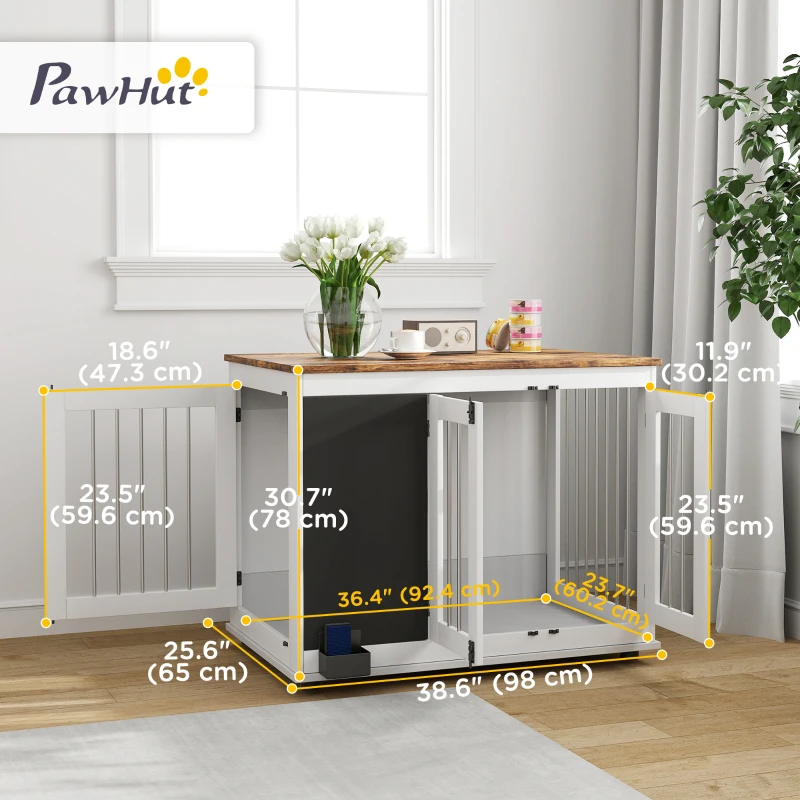 PawHut 39" Dog Crate Furniture Side End Table for Large Dogs w/ Blackboard, Three Doors, White