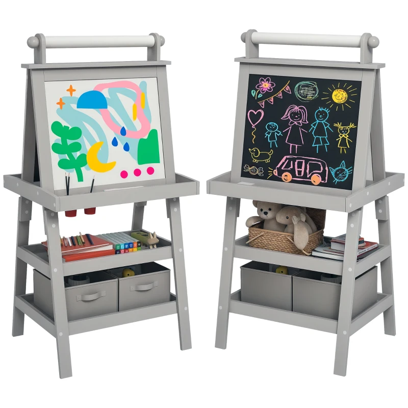 Qaba Double Sided Easel for Kids, Standing Toddler Easel with Paper Roll, Magnetic Whiteboard, Chalkboard & Storage, Gray