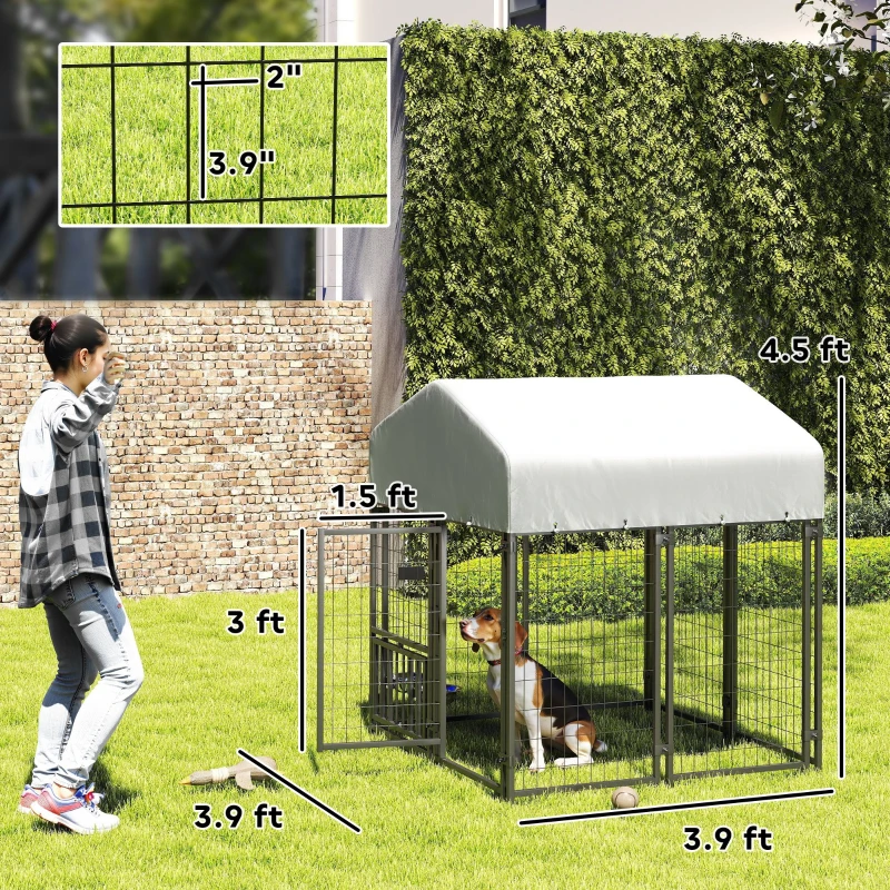 PawHut Welded Wire Outdoor Dog Kennel with 360° Rotating & 4 Levels Adjustable Bowls, Waterproof Cover, 3.9' x 3.9' x 4.5'
