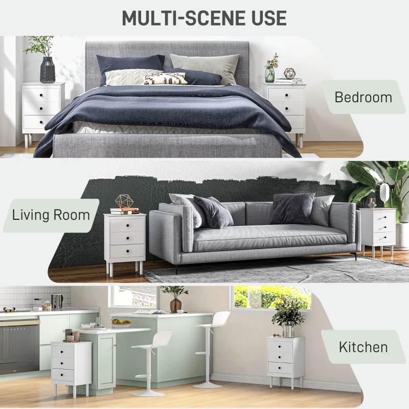 HOMCOM Set of Two Three-Drawer Modern Bedside Tables for Bedroom, White