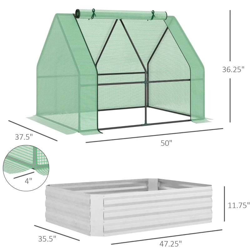 Outsunny Steel Outdoor Raised Garden Bed with Greenhouse,Cover, Roll Up Door, Dual Use, 50"x37.4"x36.2", Green