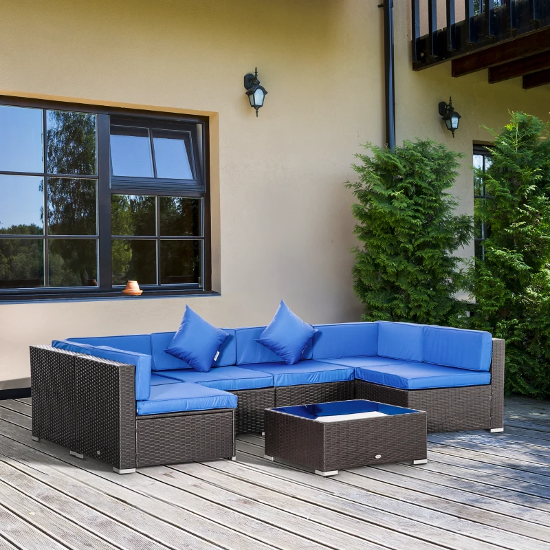 Outsunny 7 Pieces Outdoor Rattan Furniture Set, Patio Wicker Sectional Conversation Sofa Set, Blue