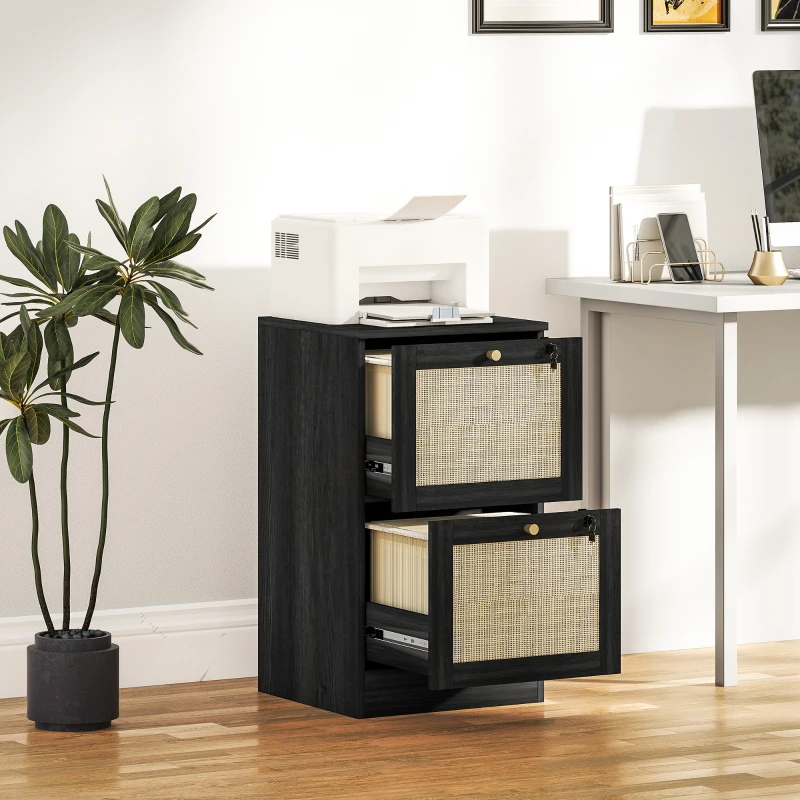 HOMCOM 2 Drawer Filing Cabinet with Lock, Boho File Cabinet for A4 Letter Size Files with Decorative Rattan Accents, Black