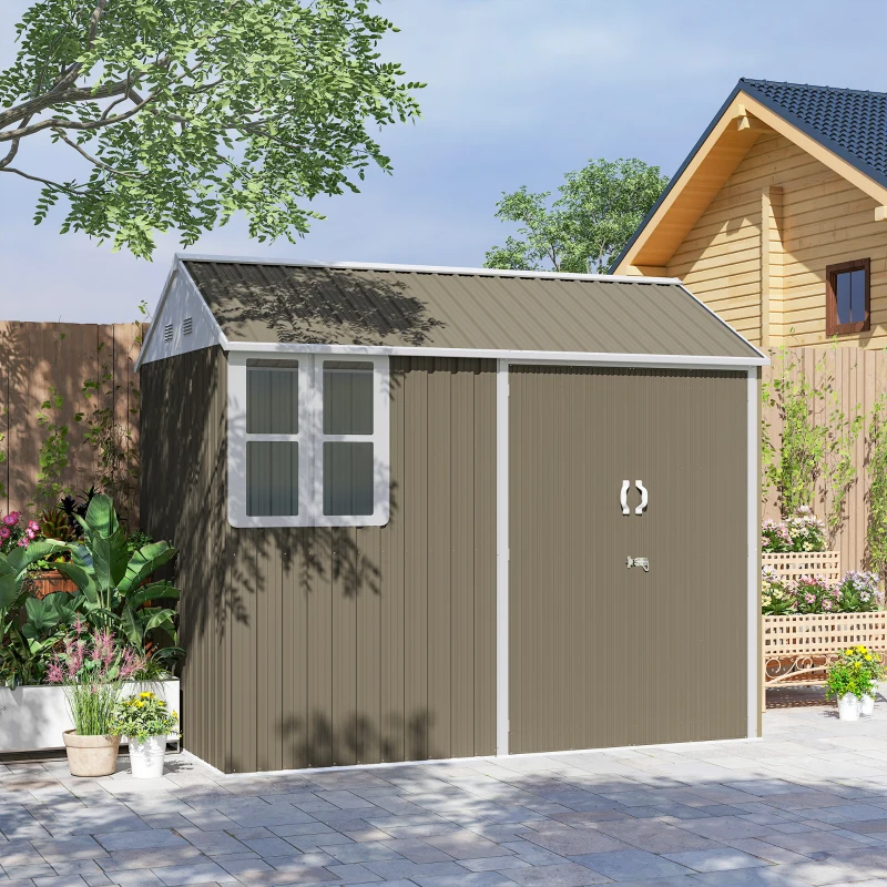 Outsunny 8.5' x 5.5' Metal Garden Storage Shed, Outdoor Tool Storage House with Lockable Door, Vents, Sloped Roof, Light Grey