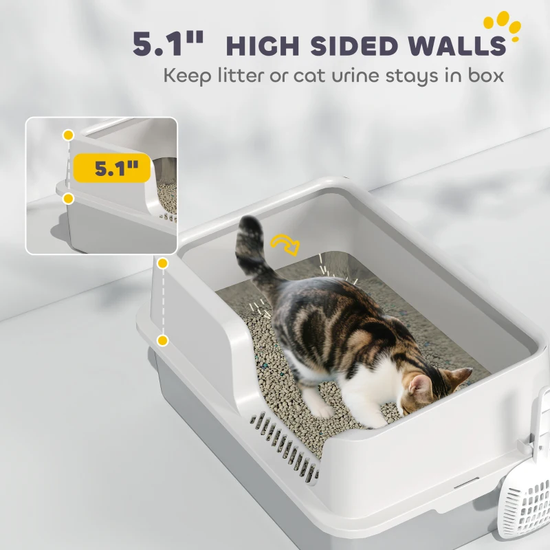 PawHut Stainless Steel Cat Litter Box with Lid with Scoop, High Sided, Non-Stick, & Anti-Urine Leakage, Easy Cleaning