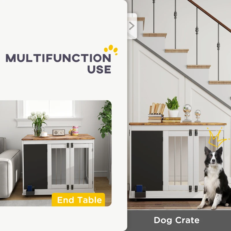 PawHut 39" Dog Crate Furniture Side Table for Large Dogs with Three Doors, Blackboard & Non-Slip Foot Pads, White