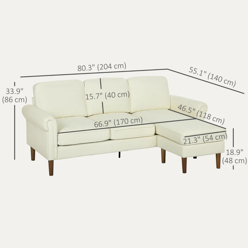 HOMCOM L Shape Sofa, Modern Sectional Couch with Changeable Chaise Lounge, Wooden Legs, Corner Sofa for Living Room, Cream