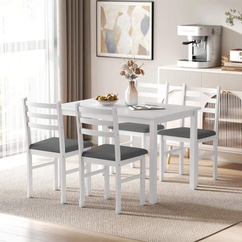 HOMCOM 5-Piece Small Kitchen Table Set for 4, Farmhouse Dining Table Set with Upholstered Chairs and Rubber Wood Legs, White