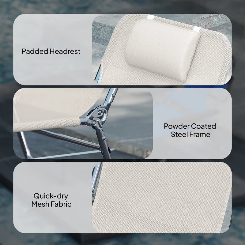 Outsunny Set of 2 Folding Chaise Lounge Chairs, Outdoor Poolside Sun Tanning Chairs w/ Pillow, Reclining Backrest, Cream White