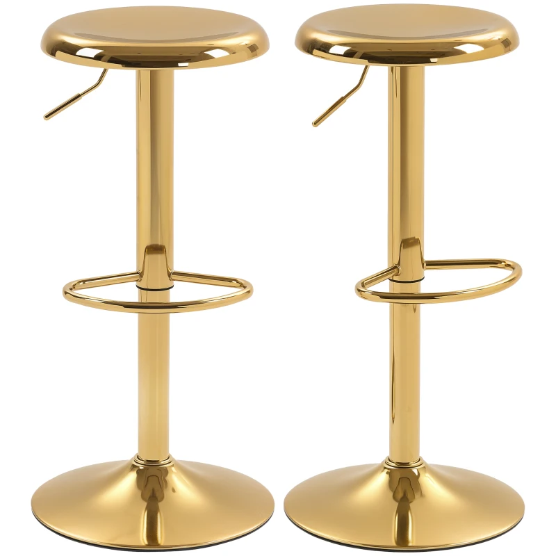 HOMCOM Steel Bar Stools Set of 2, Adjustable Counter Height Round Breakfast Barstools, Industrial Swivel Bar Chairs, Gold