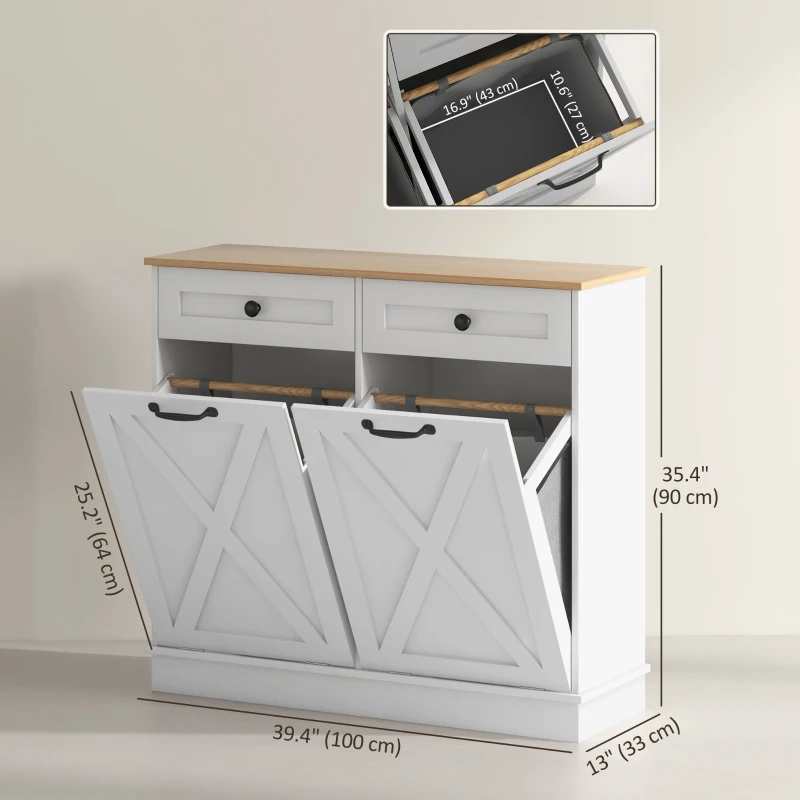 HOMCOM Tilt Out Laundry Cabinet, Bathroom Storage Cabinet with 2 Removable Baskets and 2 Drawers, White