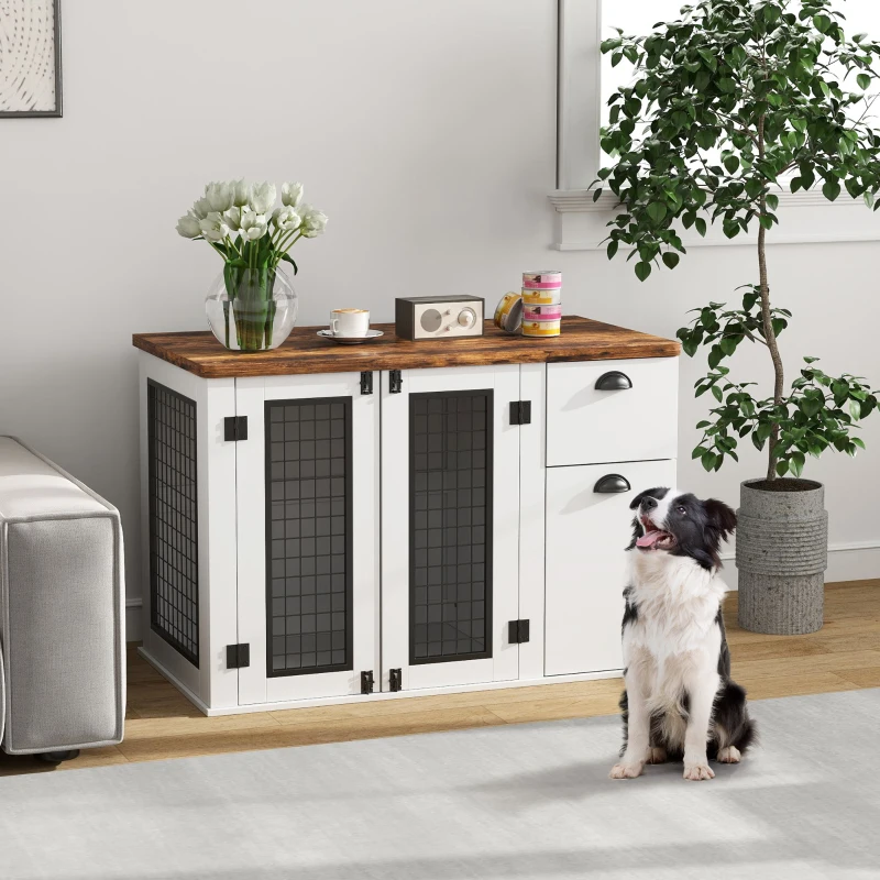 PawHut 44" Dog Crate Furniture with Double Doors, Storage Drawer, for Medium Dogs, White