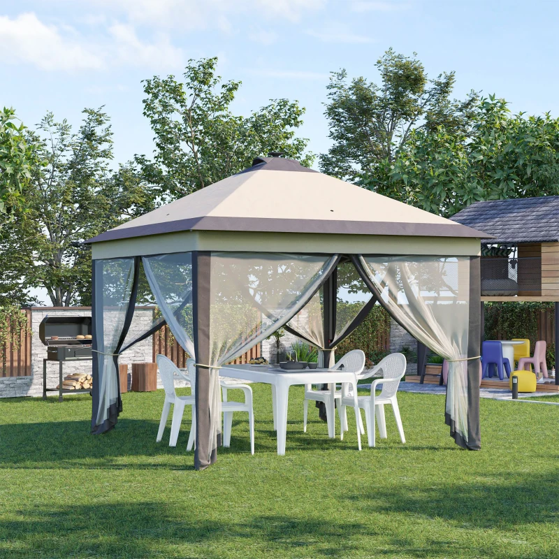 Outsunny 11' x 11' Pop Up Canopy, Instant Canopy Tent with Solar LED Lights, Remote Control, Zippered Mesh Sidewalls and Carrying Bag for Backyard Garden Patio, Beige