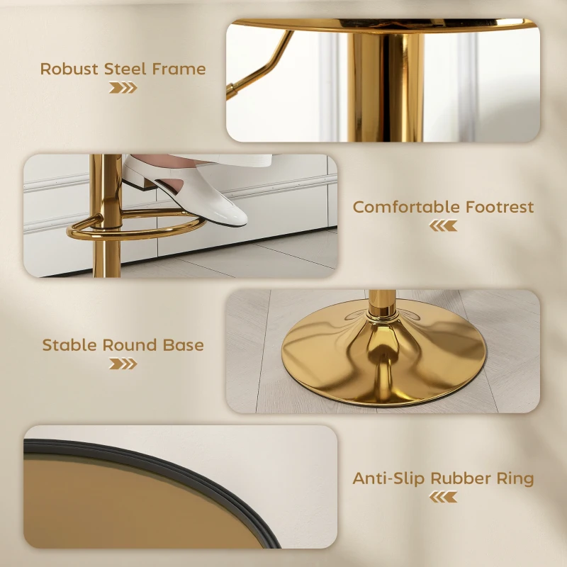 HOMCOM Steel Bar Stools Set of 2, Adjustable Counter Height Round Breakfast Barstools, Industrial Swivel Bar Chairs, Gold