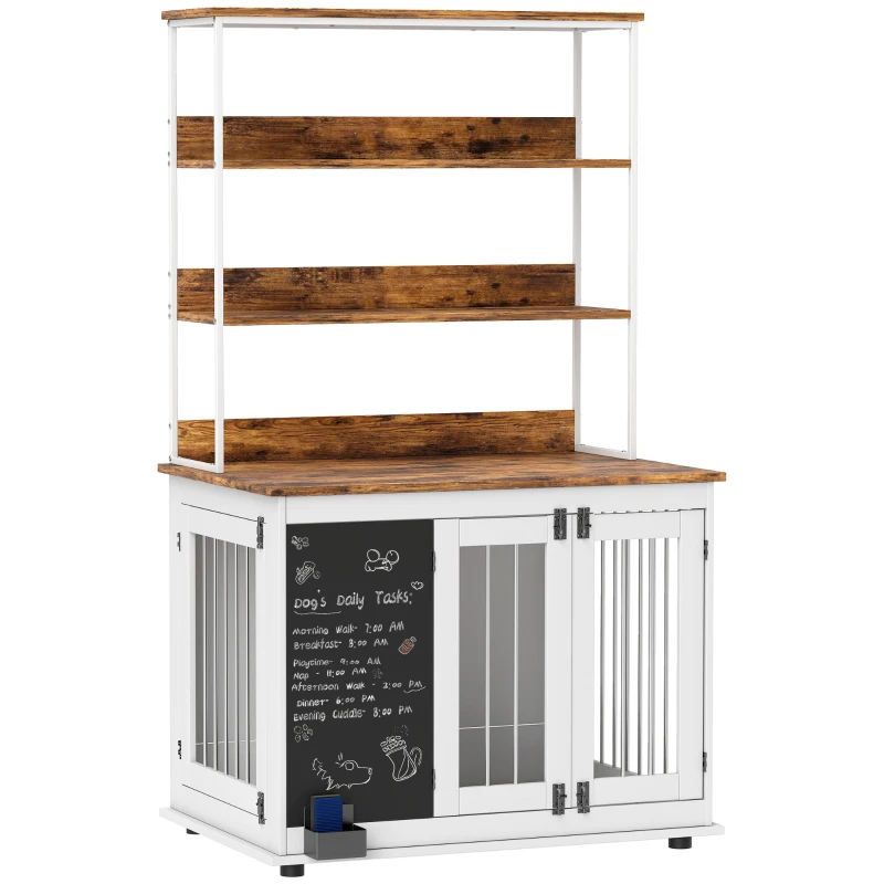 PawHut 39" Dog Crate Furniture for Large Dogs w/ Storage Shelf, Three Doors, Blackboard & Non-slip Foot Pads, White