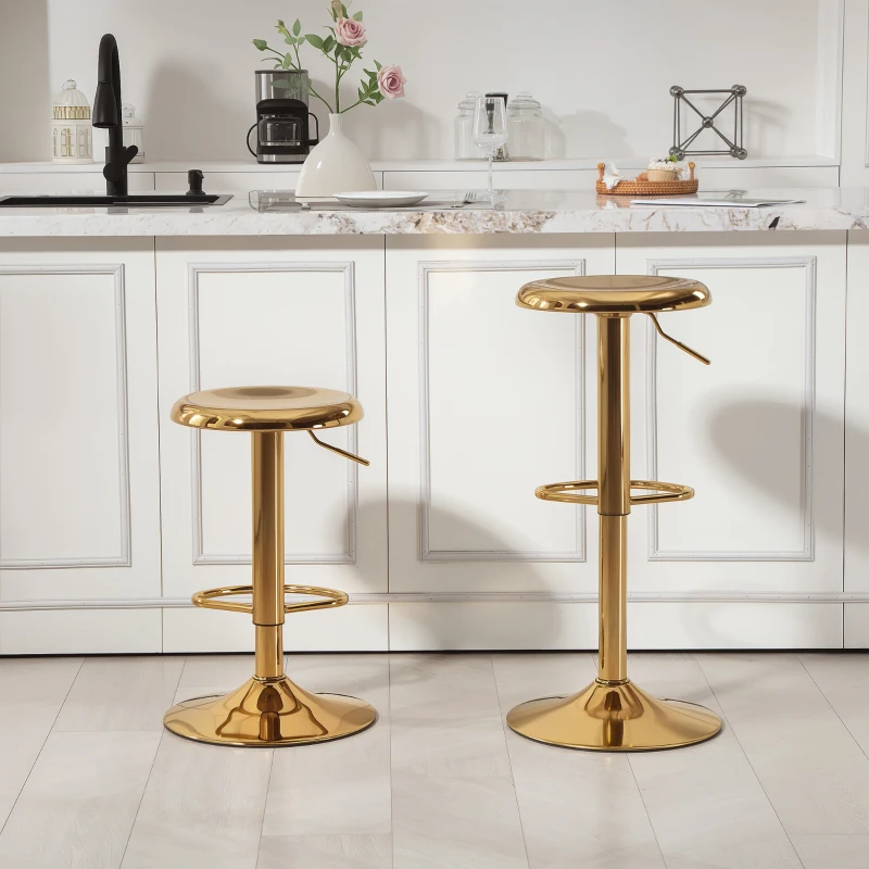 HOMCOM Steel Bar Stools Set of 2, Adjustable Counter Height Round Breakfast Barstools, Industrial Swivel Bar Chairs, Gold