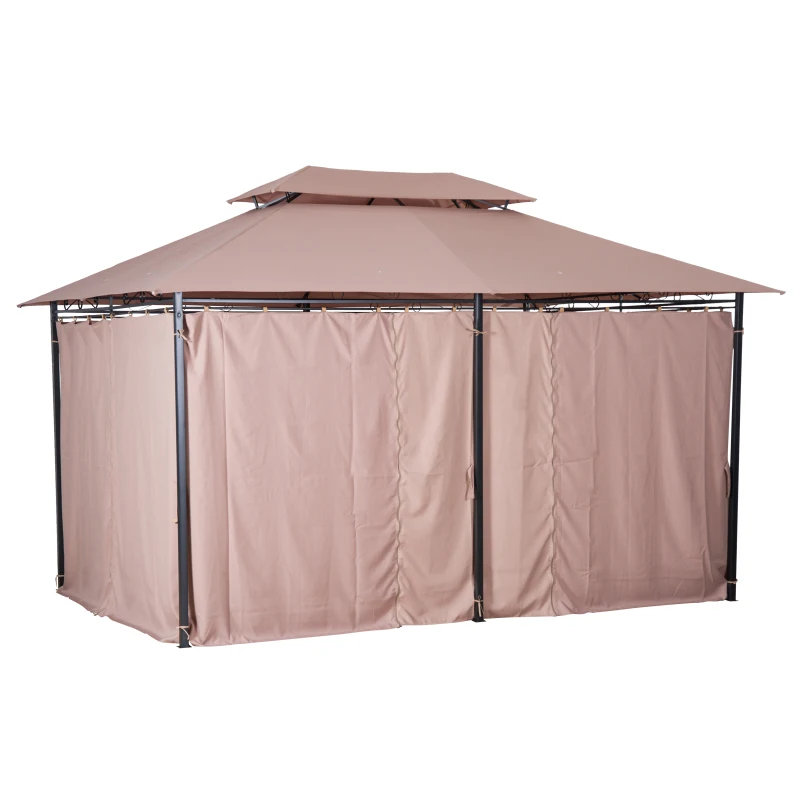 Outsunny 10' x 13' Patio Gazebo, Outdoor 2-Tiers Garden Canopy Yard Sunshade Shelter with Curtains, Khaki