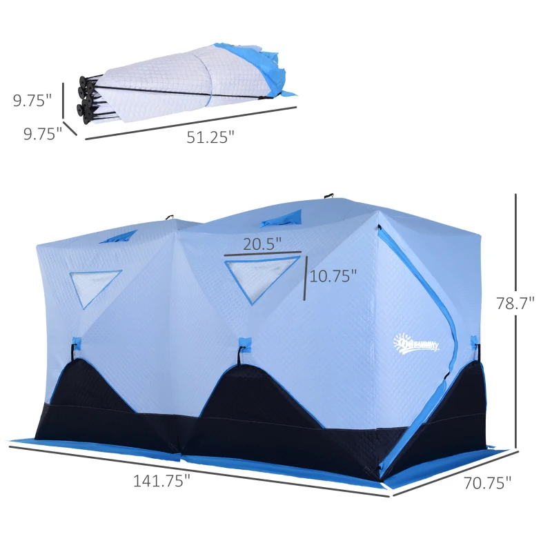 Outsunny 8 Person Ice Fishing Shelter, Pop-up Ice Fishing Tent, Ice Shanty, Portable and Insulated, with 2 Doors and Carrying Bag, Light Blue