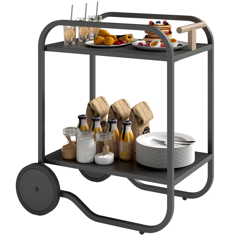 Outsunny Outdoor Grill Cart with Storage, 2-Tier Bar Cart on Wheels with Side Handle, Steel Frame for Indoor Outdoor, Black