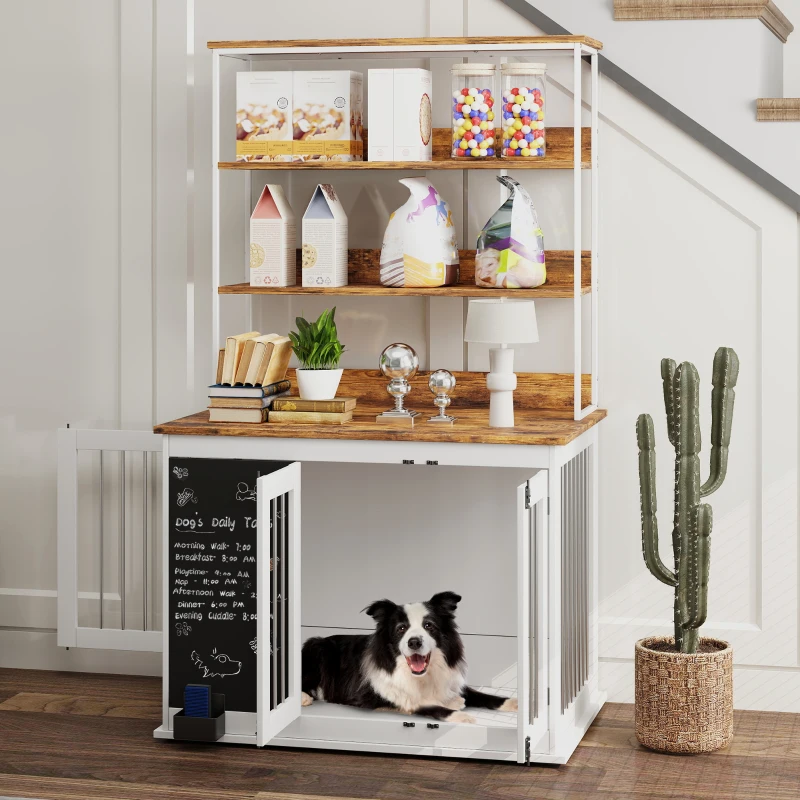 PawHut 39" Dog Crate Furniture for Large Dogs w/ Storage Shelf, Three Doors, Blackboard & Non-slip Foot Pads, White