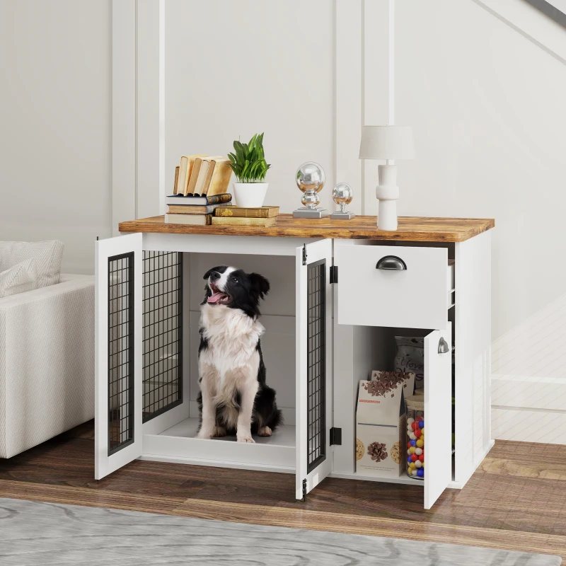 PawHut 44" Furniture Dog Crate with Double Door, Storage & Drawer for Medium Sized Dogs, White
