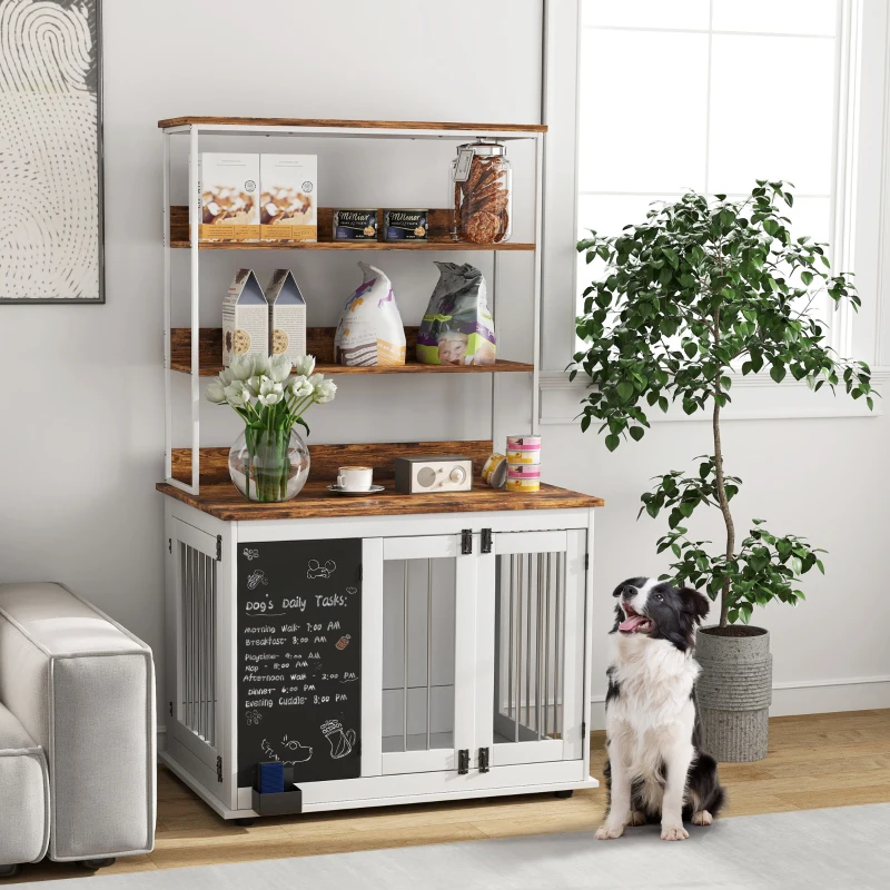 PawHut 39" Dog Crate Furniture for Large Dogs w/ Storage Shelf, Three Doors, Blackboard & Non-slip Foot Pads, White