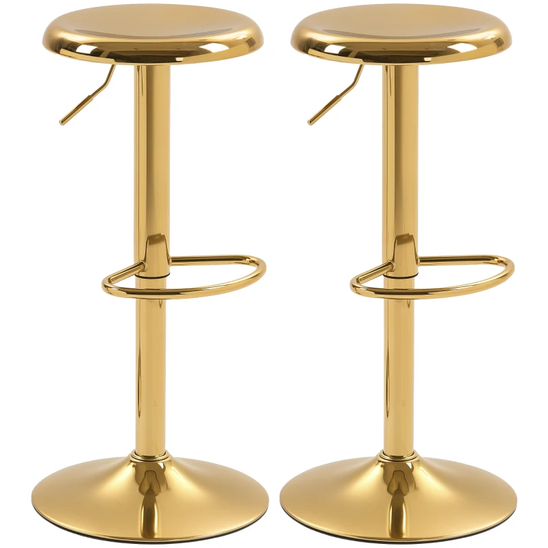 HOMCOM Steel Bar Stools Set of 2, Adjustable Counter Height Round Breakfast Barstools, Industrial Swivel Bar Chairs, Gold