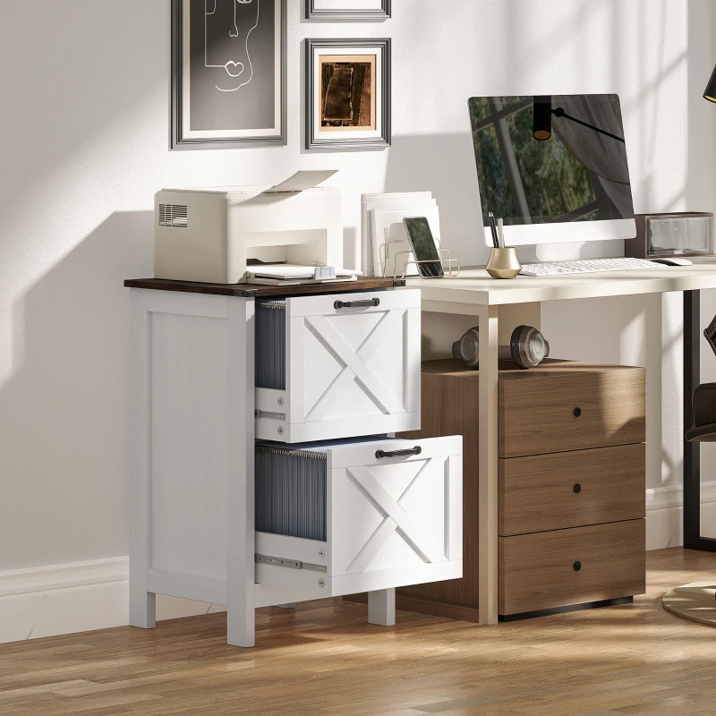 HOMCOM Vertical Filing Cabinet with 2 Drawers, Rustic Farmhouse Office Storage Cabinet for A4, Letter Size, Distressed White