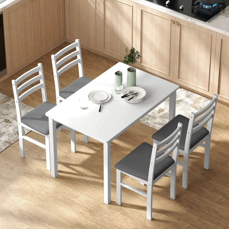 HOMCOM 5-Piece Small Kitchen Table Set for 4, Farmhouse Dining Table Set with Upholstered Chairs and Rubber Wood Legs, White