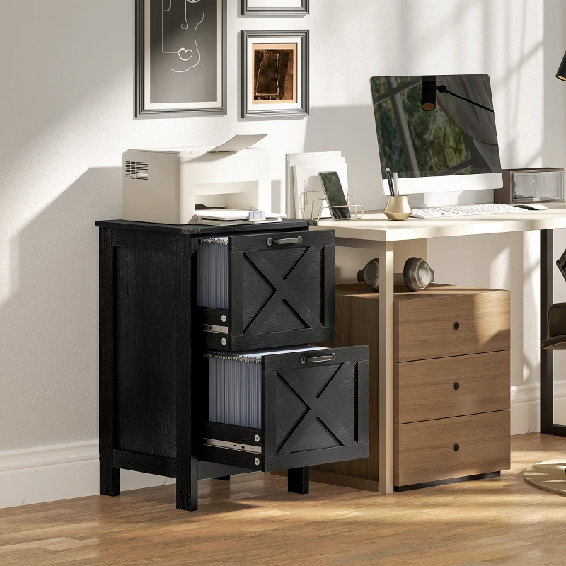 HOMCOM Vertical Filing Cabinet with 2 Drawers, Rustic Farmhouse Office Storage Cabinet for A4, Letter Size, Distressed Black