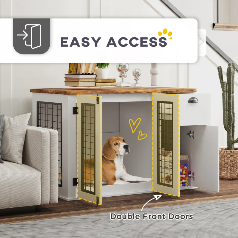 PawHut 44" Furniture Dog Crate with Double Door, Storage & Drawer for Medium Sized Dogs, White