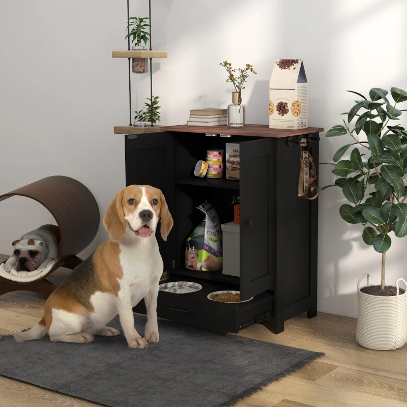 PawHut Pet Food Storage Container Dog Feeding Station w/ Adjustable Panel, Hooks, for Medium Sized Dogs, Black