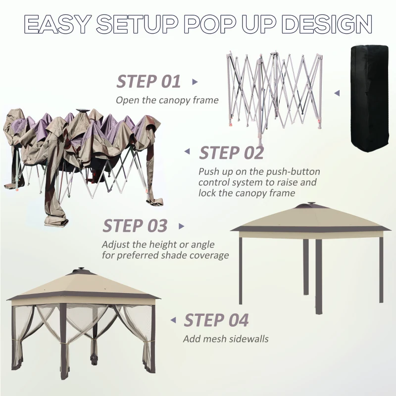 Outsunny 11' x 11' Pop Up Canopy, Instant Canopy Tent with Solar LED Lights, Remote Control, Zippered Mesh Sidewalls and Carrying Bag for Backyard Garden Patio, Beige