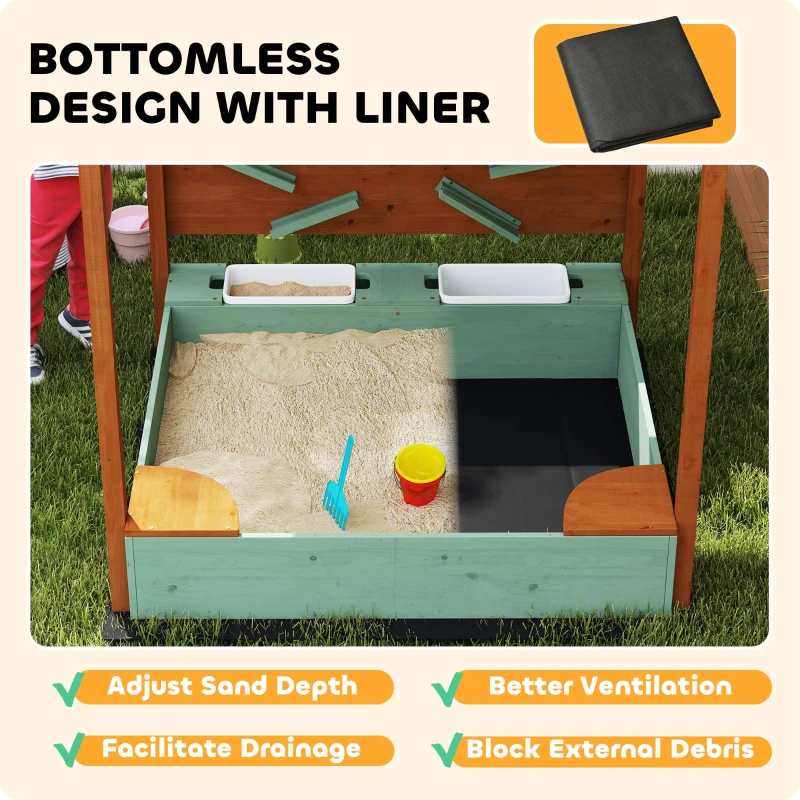 Qaba Wooden Kids Sandbox with Canopy, Sand Wall, Bottom Liner, for 3-6 Years, 46" x 44" W x 50", Green