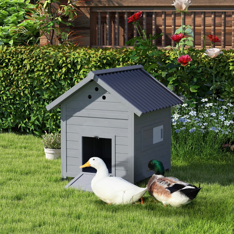 PawHut Duck Coop, Wooden Duck House with Openable Roof & Double Doors, Light Gray