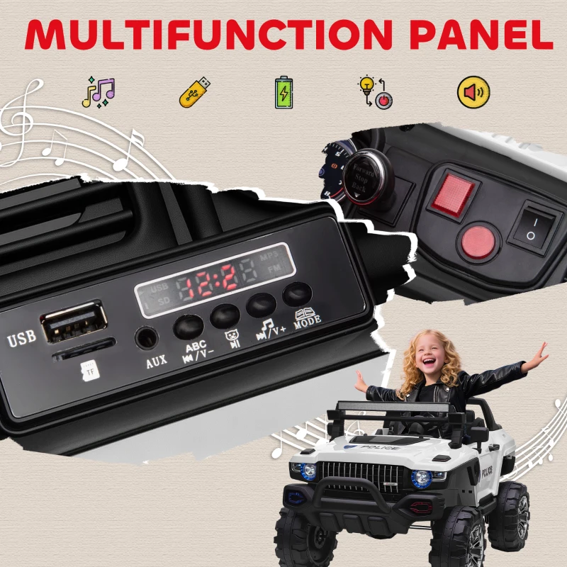 Aosom Kids 2 Seater Ride-On Car Police Truck Electric with LED Lights & MP3 for Kids White