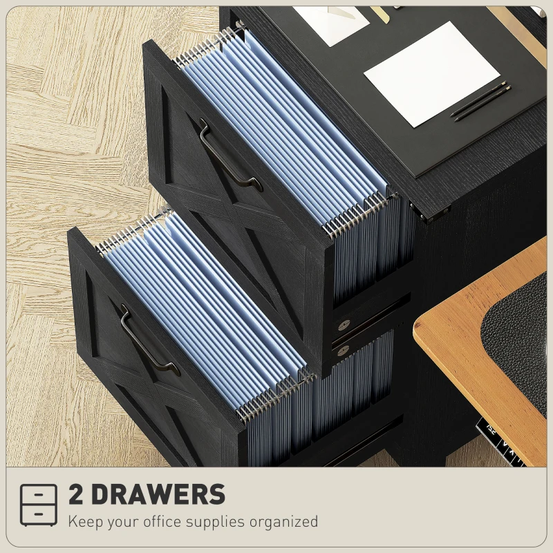 HOMCOM Vertical Filing Cabinet with 2 Drawers, Rustic Farmhouse Office Storage Cabinet for A4, Letter Size, Distressed Black