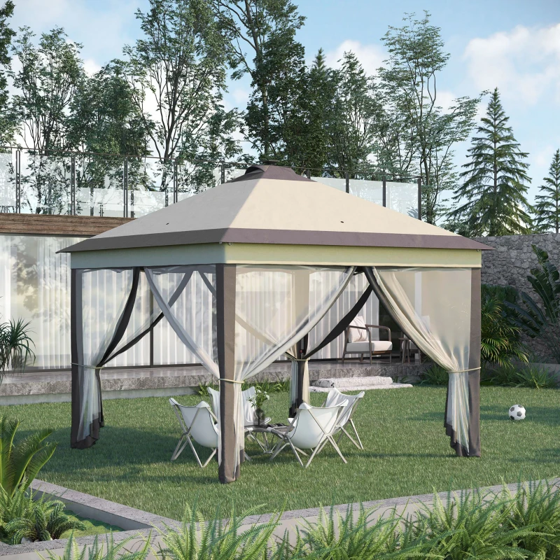 Outsunny 11' x 11' Pop Up Canopy, Instant Canopy Tent with Solar LED Lights, Remote Control, Zippered Mesh Sidewalls and Carrying Bag for Backyard Garden Patio, Beige