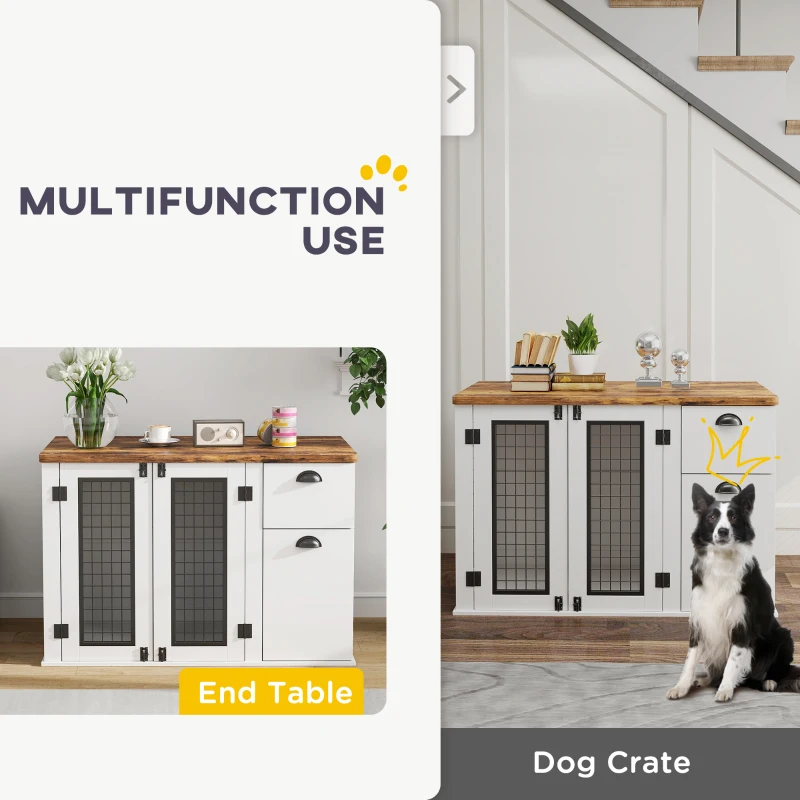 PawHut 44" Furniture Dog Crate with Double Door, Storage & Drawer for Medium Sized Dogs, White
