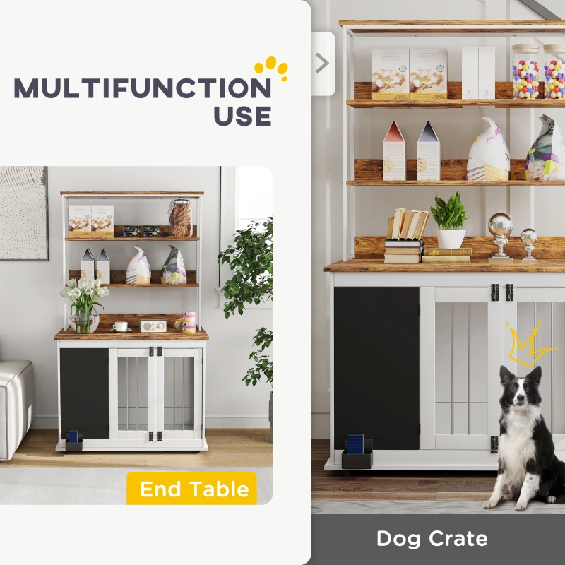 PawHut 39" Dog Crate Furniture for Large Dogs w/ Storage Shelf, Three Doors, Blackboard & Non-slip Foot Pads, White