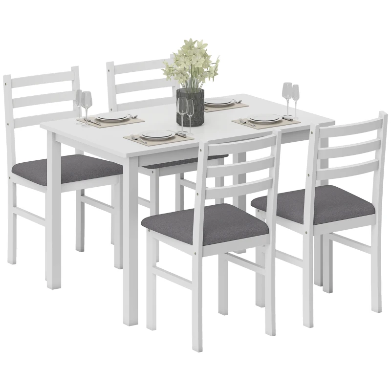 HOMCOM 5-Piece Small Kitchen Table Set for 4, Farmhouse Dining Table Set with Upholstered Chairs and Rubber Wood Legs, White
