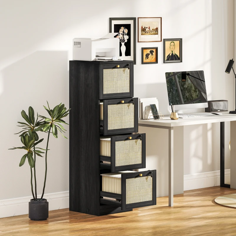 HOMCOM 4 Drawer Filing Cabinet with Lock, Boho File Cabinet for A4 Letter Size Files with Decorative Rattan Accents, Black