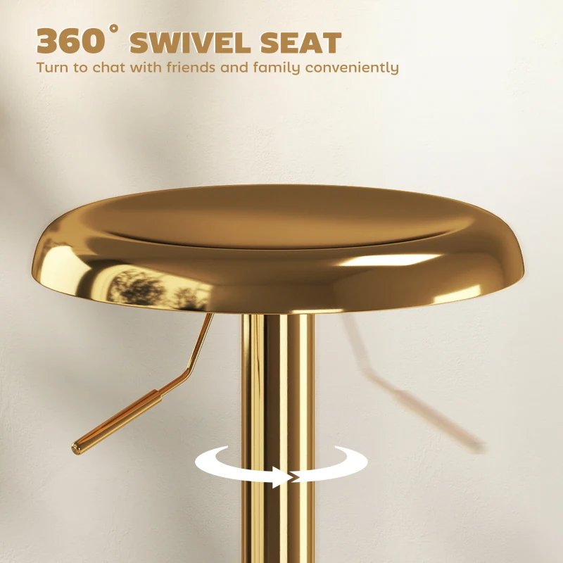 HOMCOM Steel Bar Stools Set of 2, Adjustable Counter Height Round Breakfast Barstools, Industrial Swivel Bar Chairs, Gold