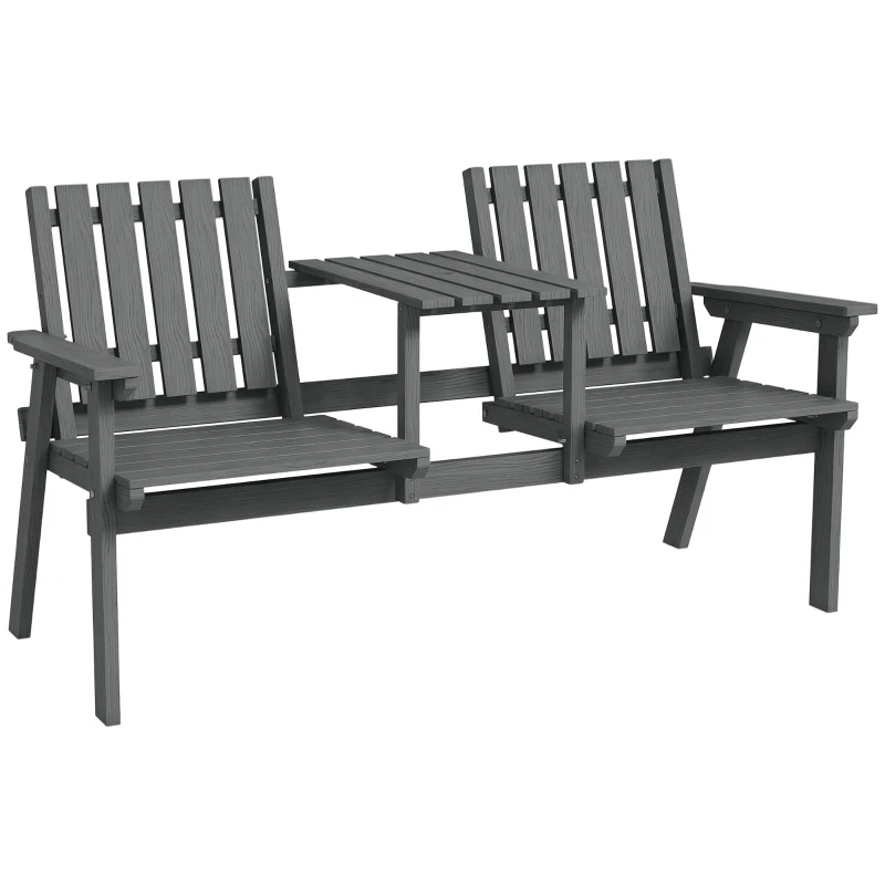 Outsunny Garden Bench for 2 Persons with Middle Table and Umbrella Hole, 2-Seater Outdoor Wooden Bench with Slat Design, Grey